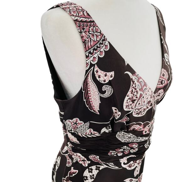 Ann Taylor Brown Silk Floral Sleeveless V-neck Fit & Flare Dress Women Sz 8 - Picture 5 of 14
